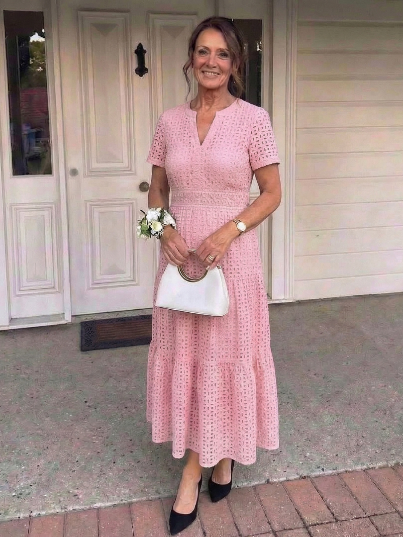 Tessa | Short Sleeve Eyelet Tiered Midi Dress