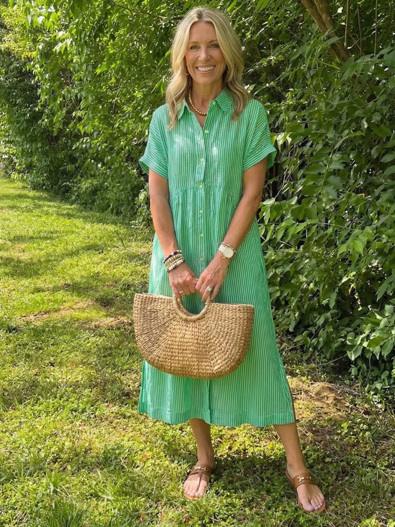 Emerson | Short Sleeve Button Front Striped Midi Dress