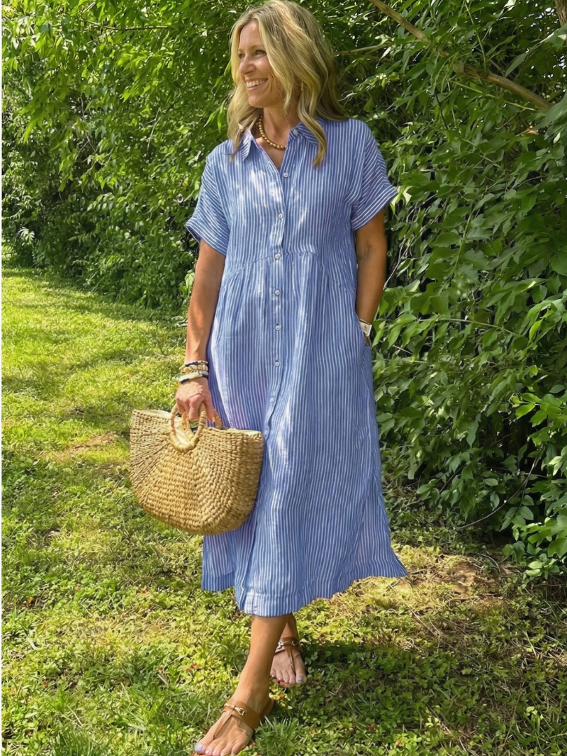 Emerson | Short Sleeve Button Front Striped Midi Dress