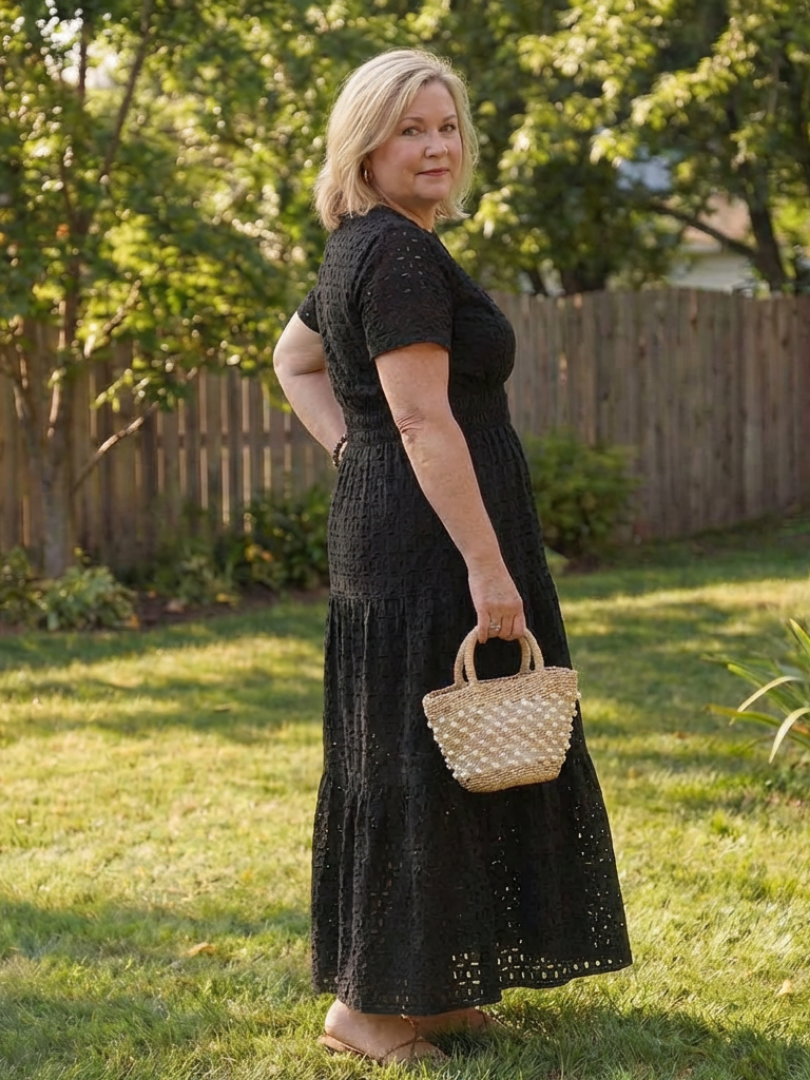 Tessa | Short Sleeve Eyelet Tiered Midi Dress