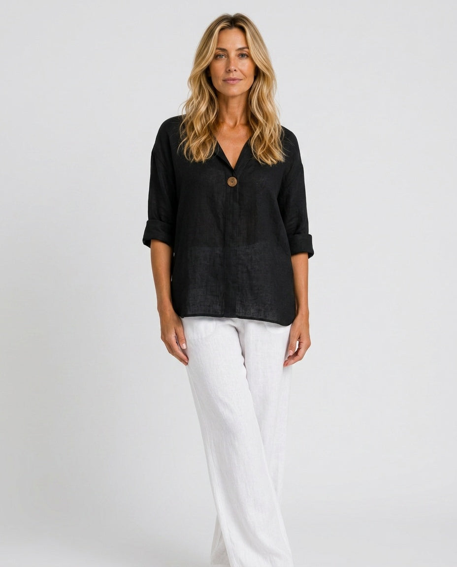 Orla | 3/4 Sleeve Open Collar Linen-Look Blouse