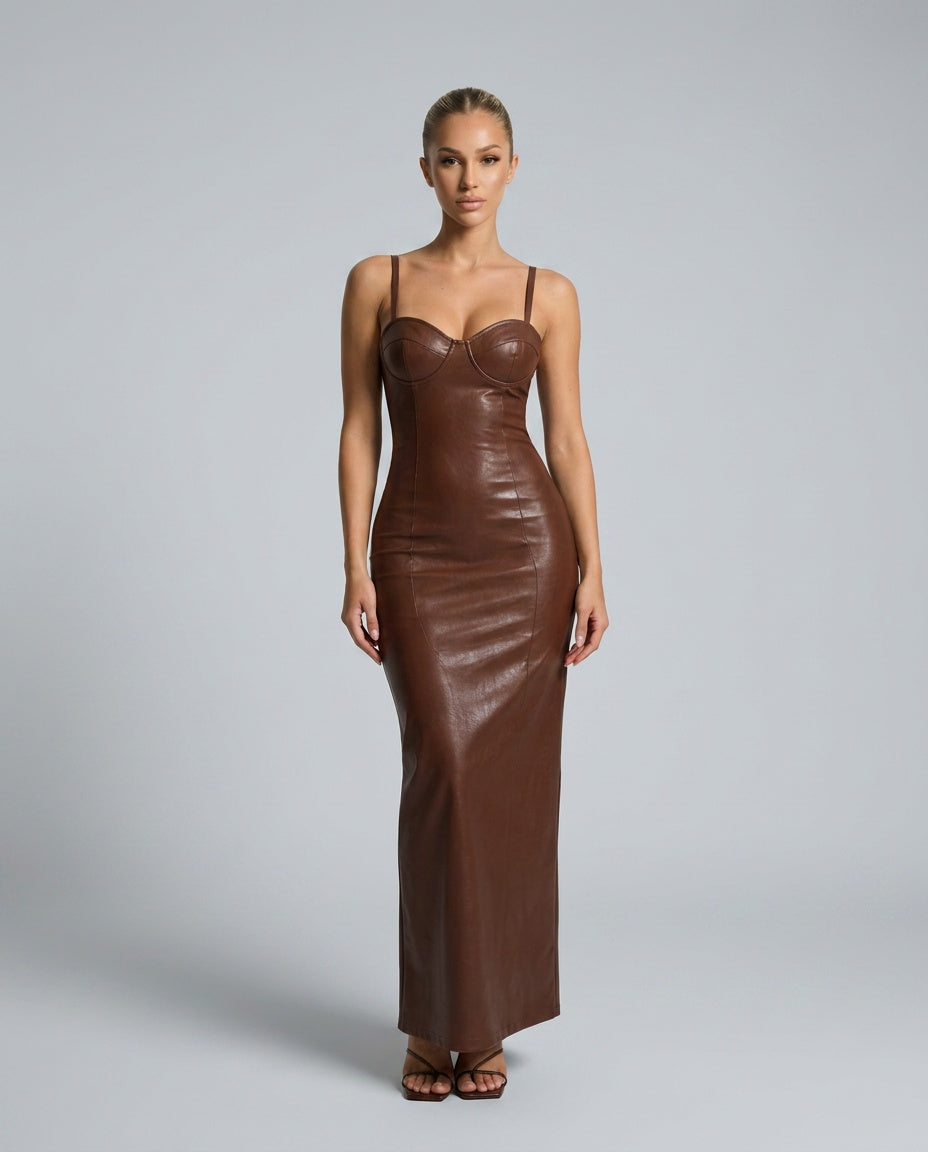 Colette | Corset Faux Leather Maxi Dress
