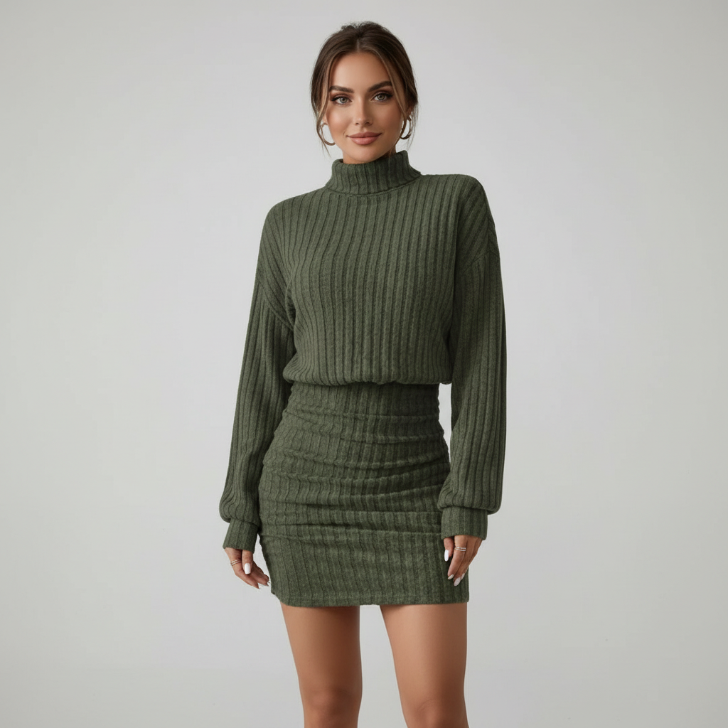 Ottilie | Long Sleeve Ribbed Turtleneck Midi Dress