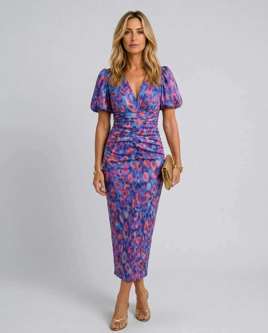 Vashti | Abstract Print Puff Sleeve Ruched Midi Dress