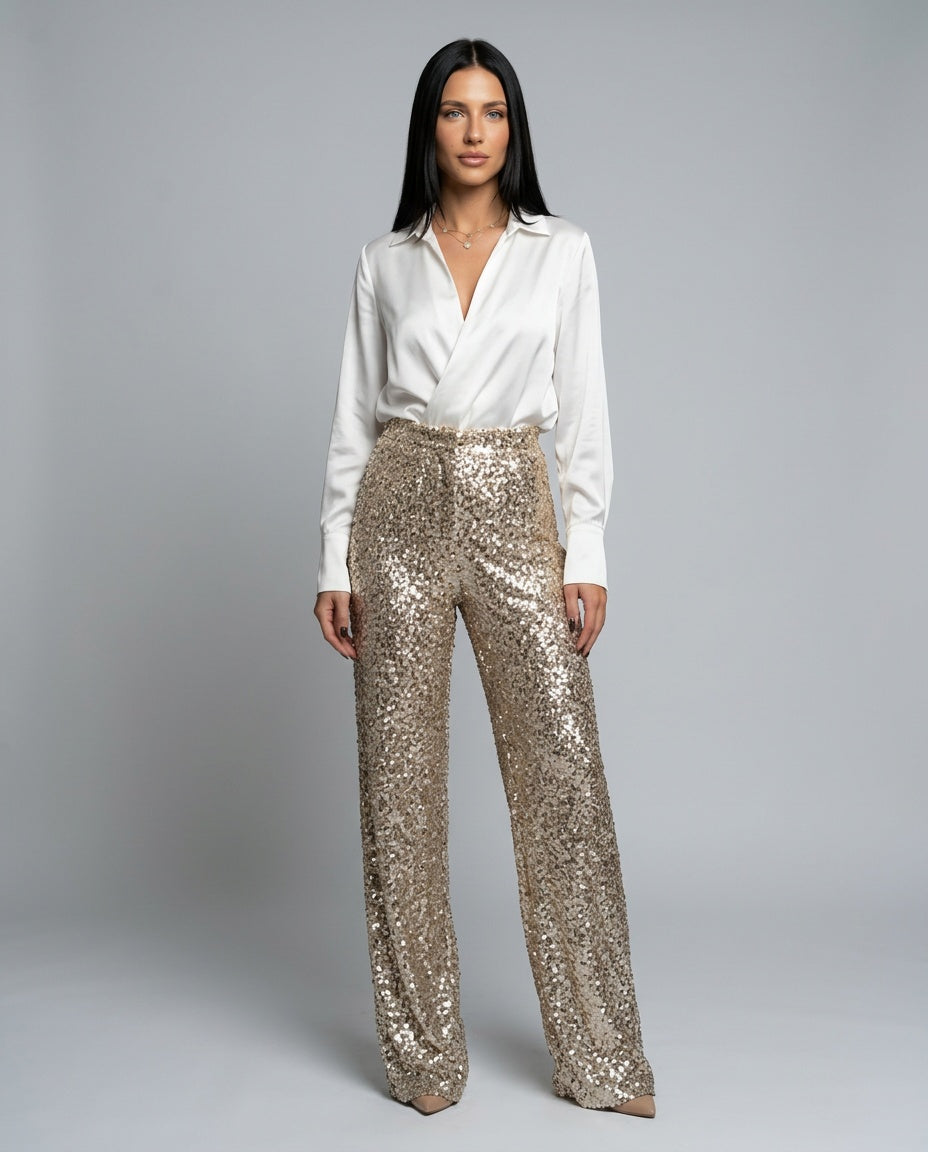 Clara | High Waist Sequin Straight Leg Trousers