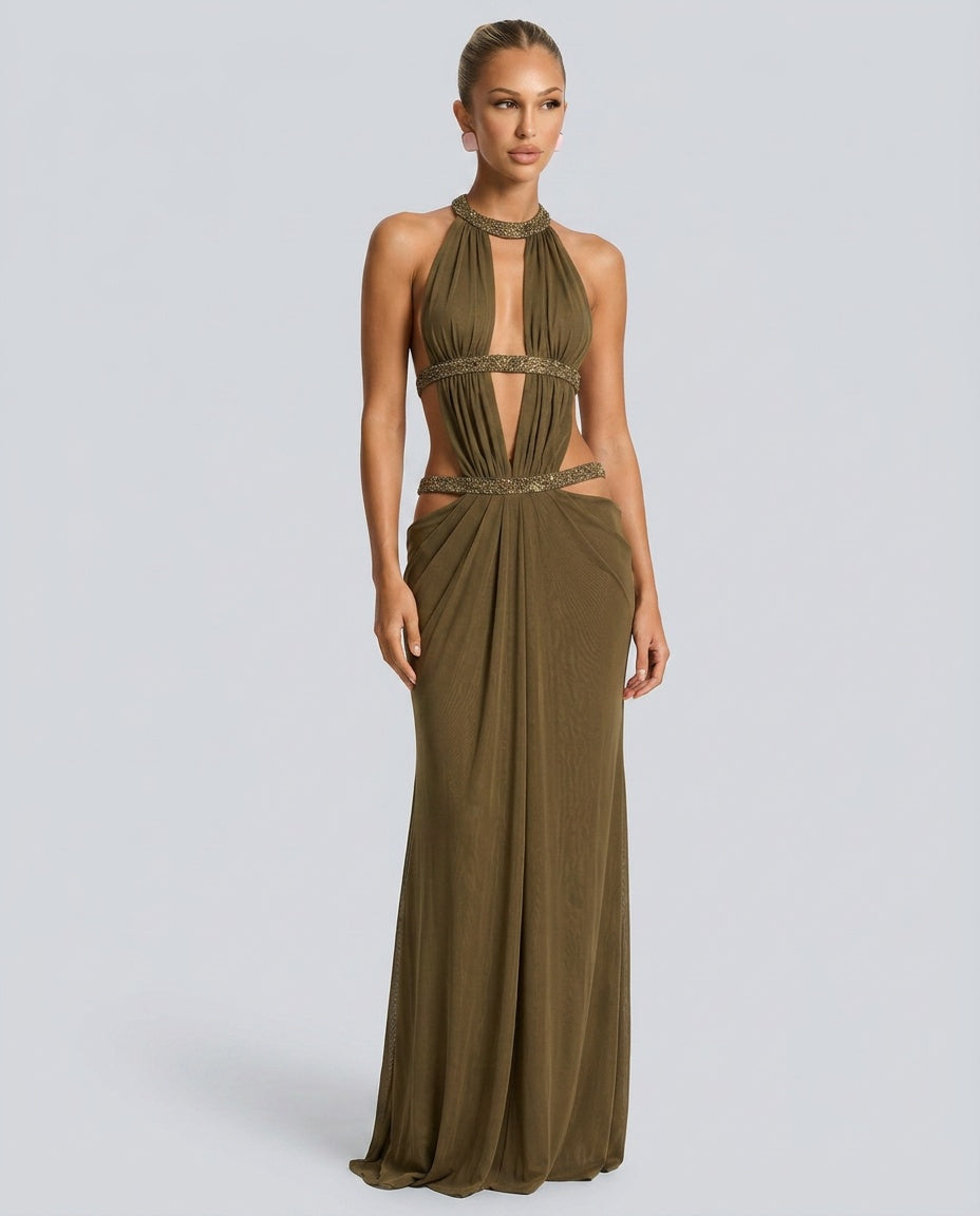 Celeste | Crystal Strap Caged Cut-Out Maxi Dress