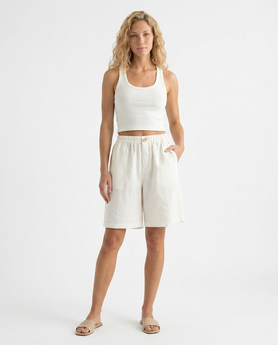 Odette | High Waist Linen Blend Bermuda Shorts