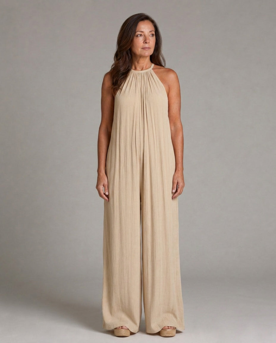 Sylvara | Pleated Halter Neck Wide Leg Jumpsuit