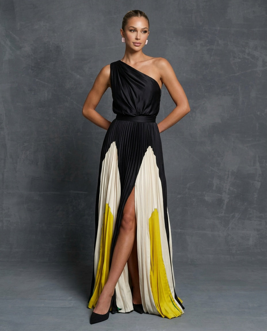 Aurore | Asymmetric Draped Pleated Multicolour Maxi Dress