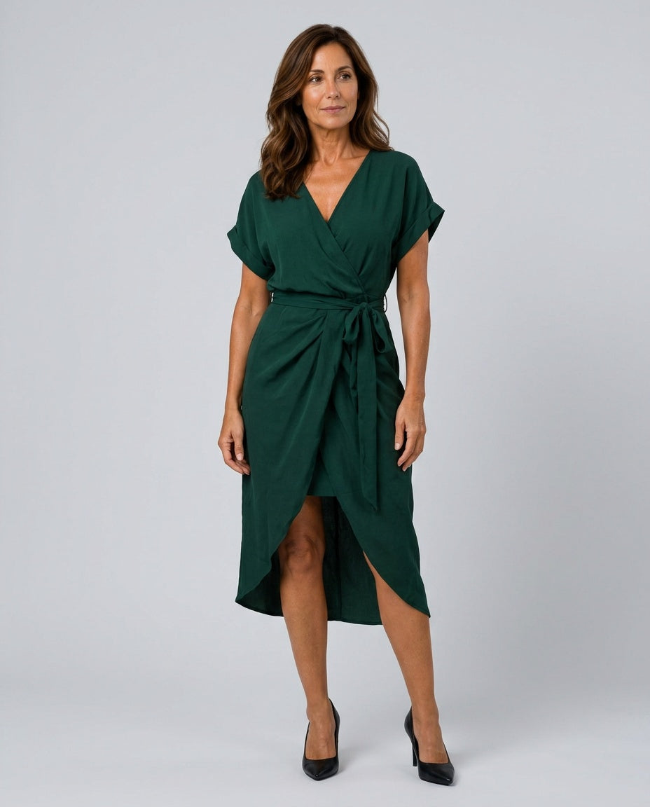 Della | Wrap Belted Emerald Green Midi Dress