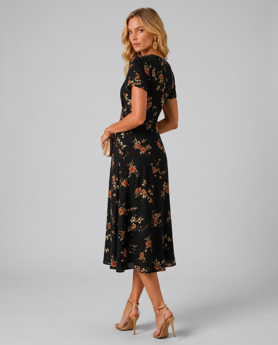 Valentina | Button-Front Floral A-Line Midi Dress