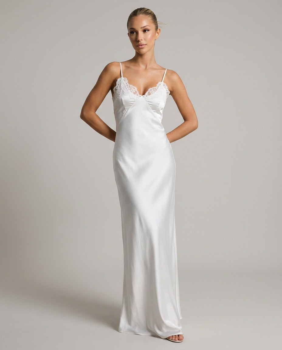 Rocio | V-Neck Lace Trim Satin-Look Maxi Dress
