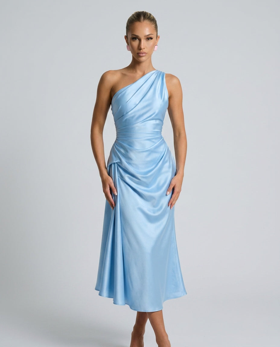 Seraphina | One-Shoulder Draped Satin-Look Midi Dress