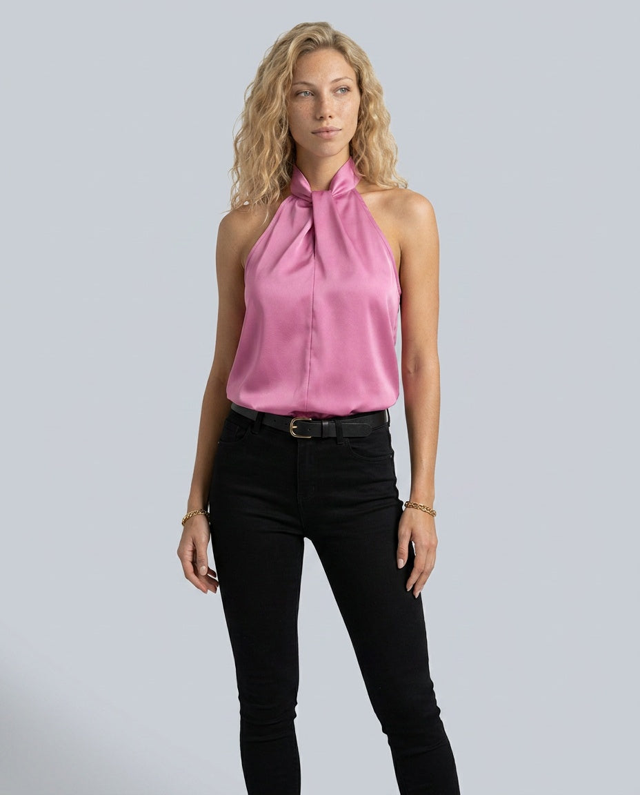 Gemma | Knotted Collar Flowy Satin-Look Top