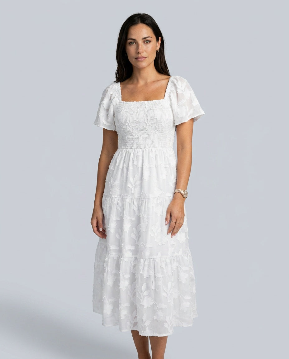 Della | Short Sleeve Textured Floral Midi Dress