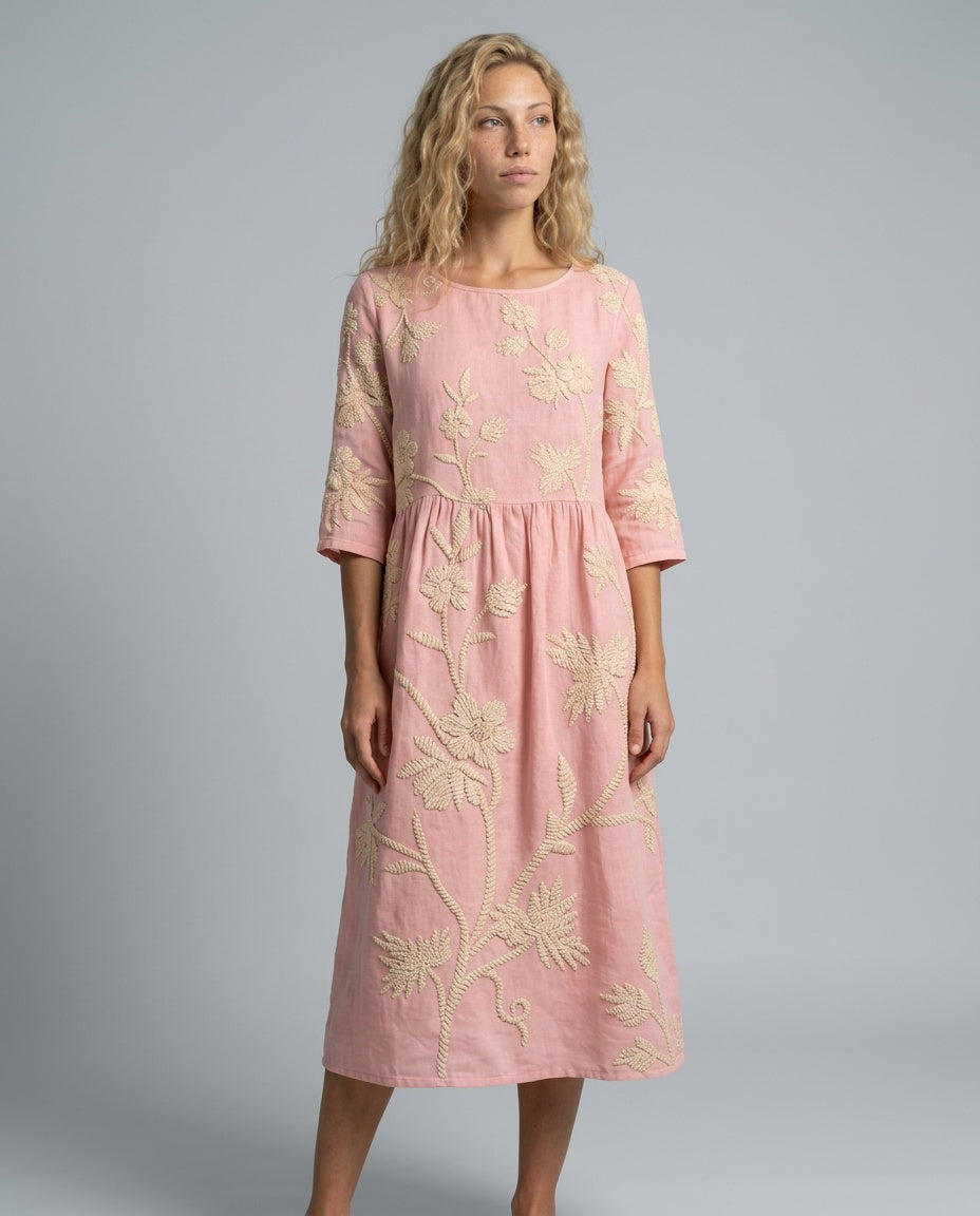 Josie | Floral Linen-Look Round Neck Midi Dress