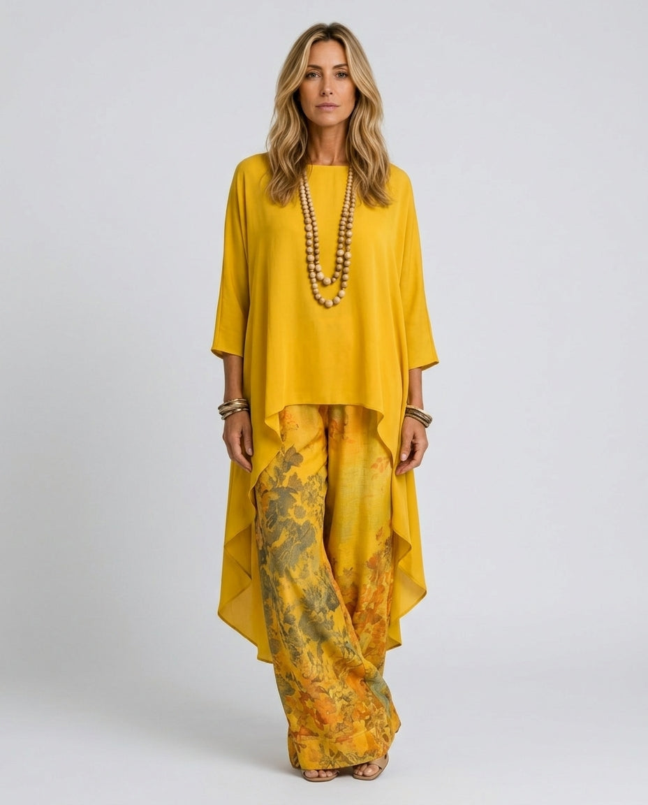 Belen | Printed Asymmetric Top & Wide-Leg Trousers Set