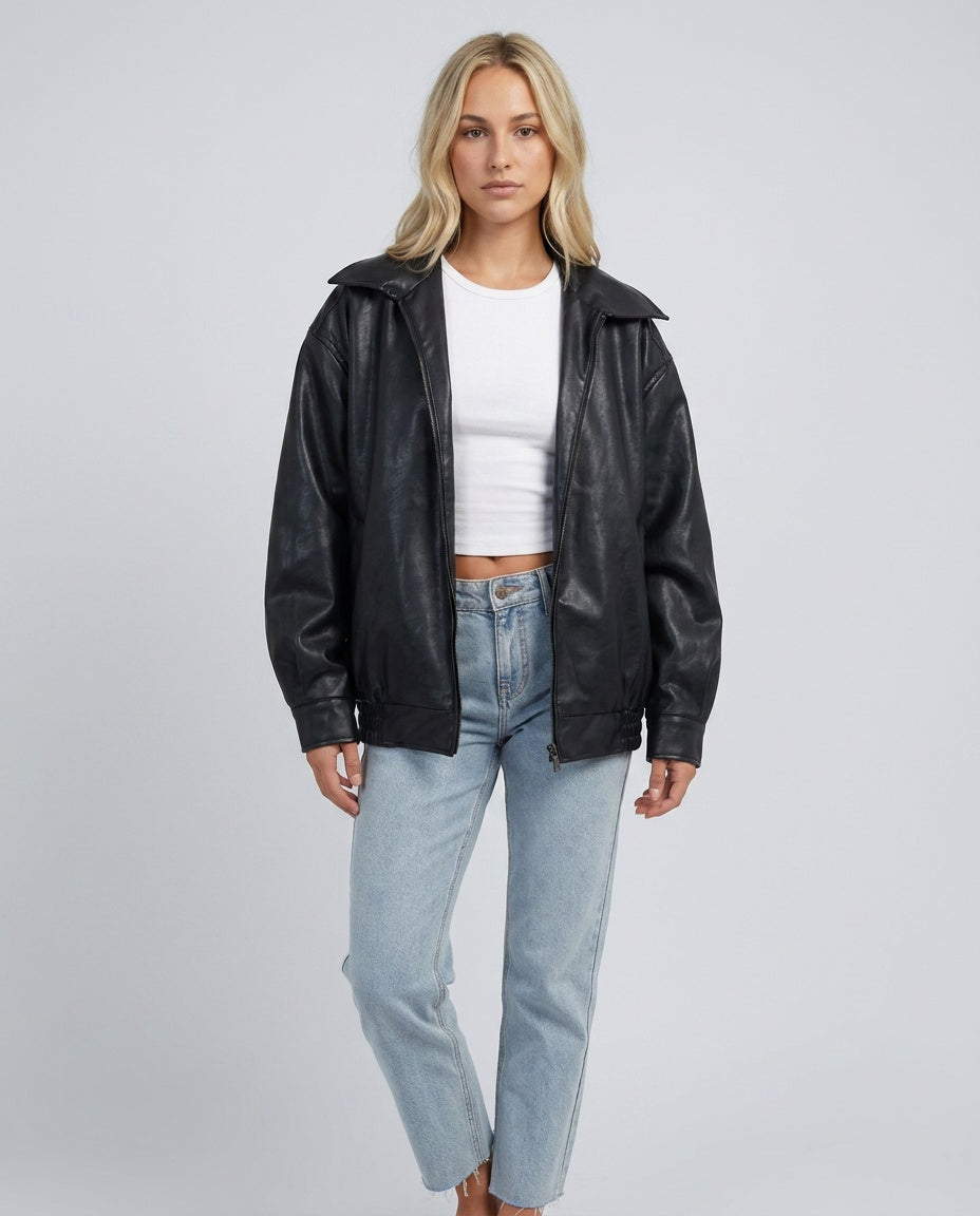 Zoé | Oversized Zip Front Faux Leather Bomber Jacket