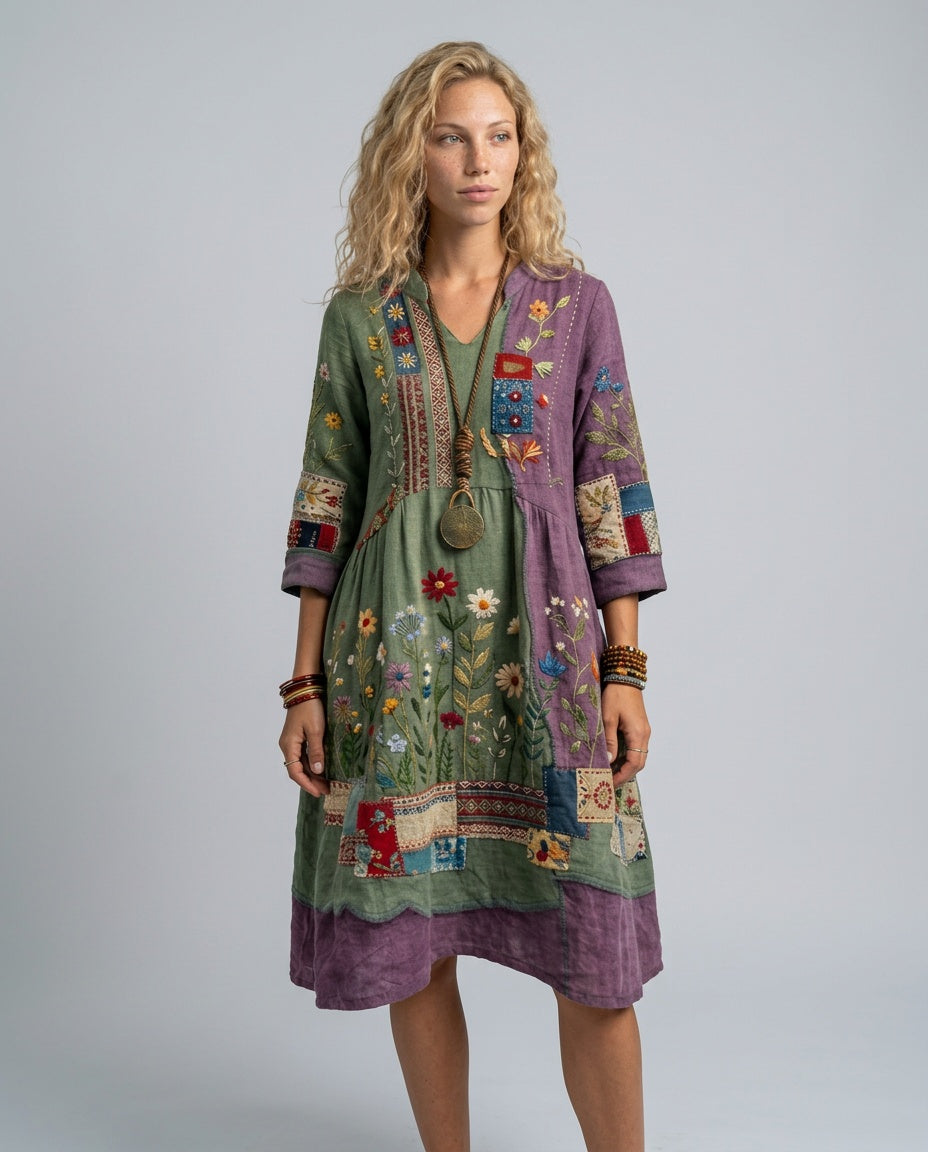 Wren | Embroidered Panel Long Sleeve Midi Dress