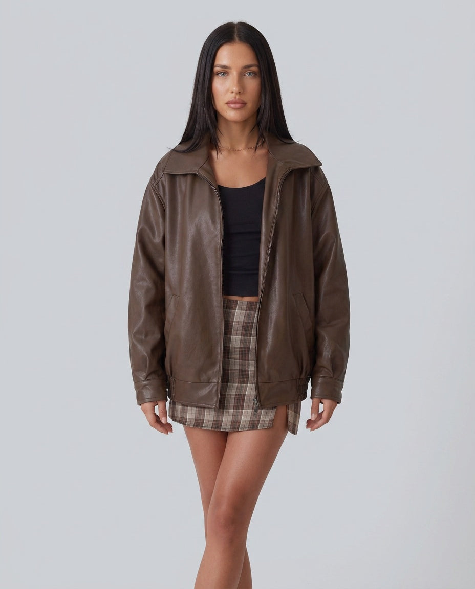 Zoé | Oversized Zip Front Faux Leather Bomber Jacket