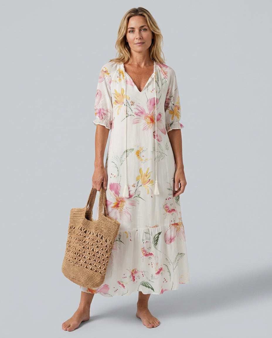Luma | Floral V-Neck Short Sleeve Midi Dress