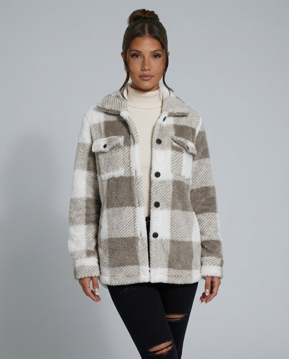 Piper | Check Print Button Front Sherpa Jacket