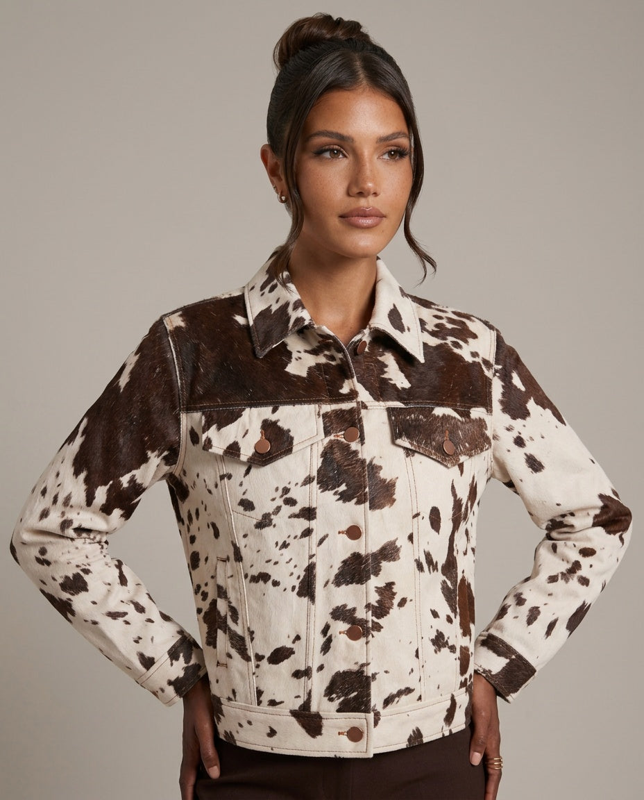 Hadley | Cropped Cow Print Faux Fur Trucker Jacket