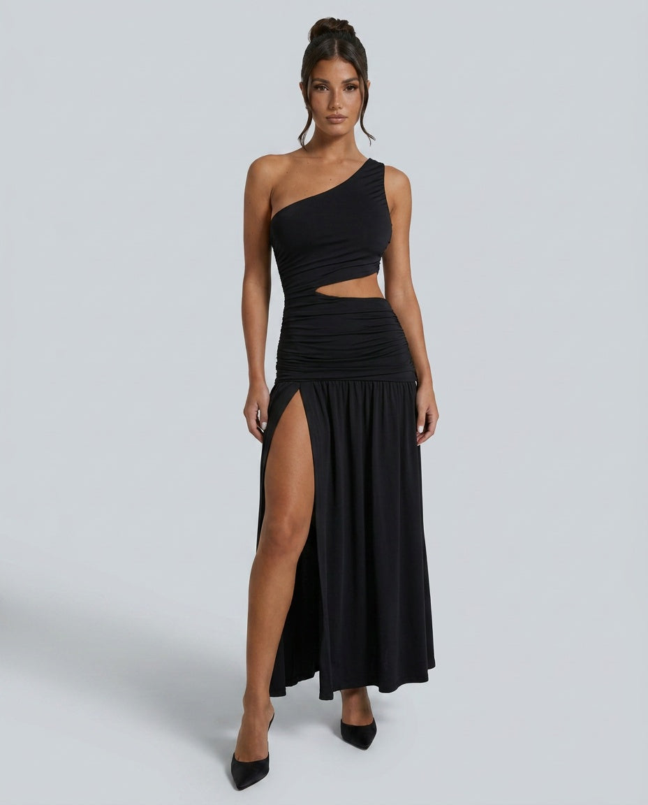 Harlow | Ruched Cut-Out High Split Maxi Dress