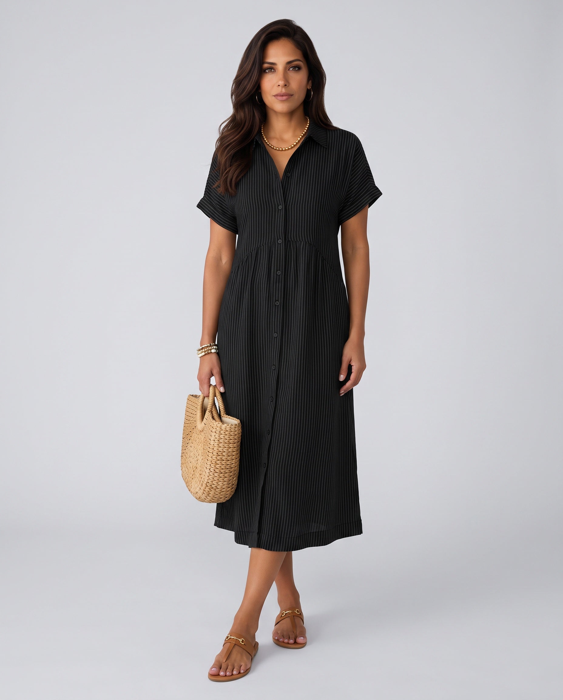 Riley | Striped Button-Up Midi Shirt Dress