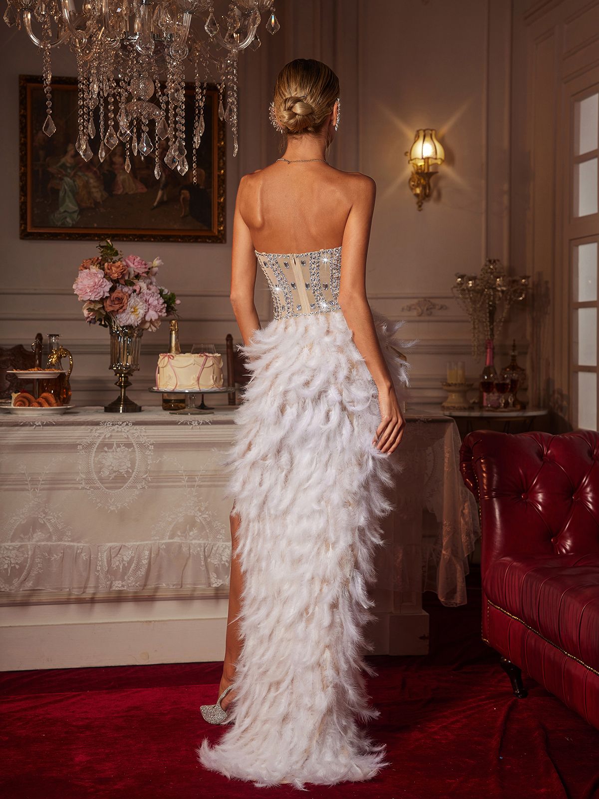 Delaney | Strapless Rhinestone Feather Maxi Dress