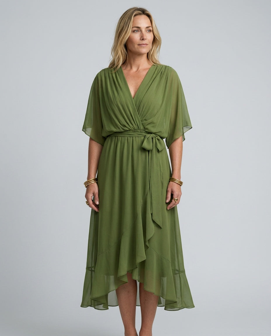 Delphine | V-Neck Draped Waist Tie Midi Dress