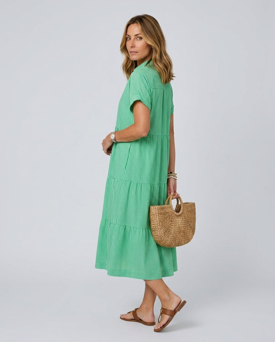 Emerson | Short Sleeve Button Front Striped Midi Dress