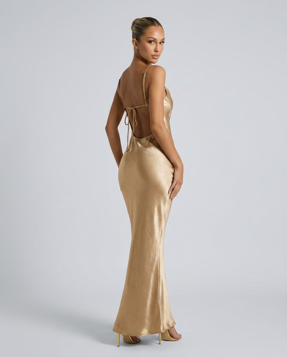 Nora | Backless Satin-Look Gold Maxi Dress