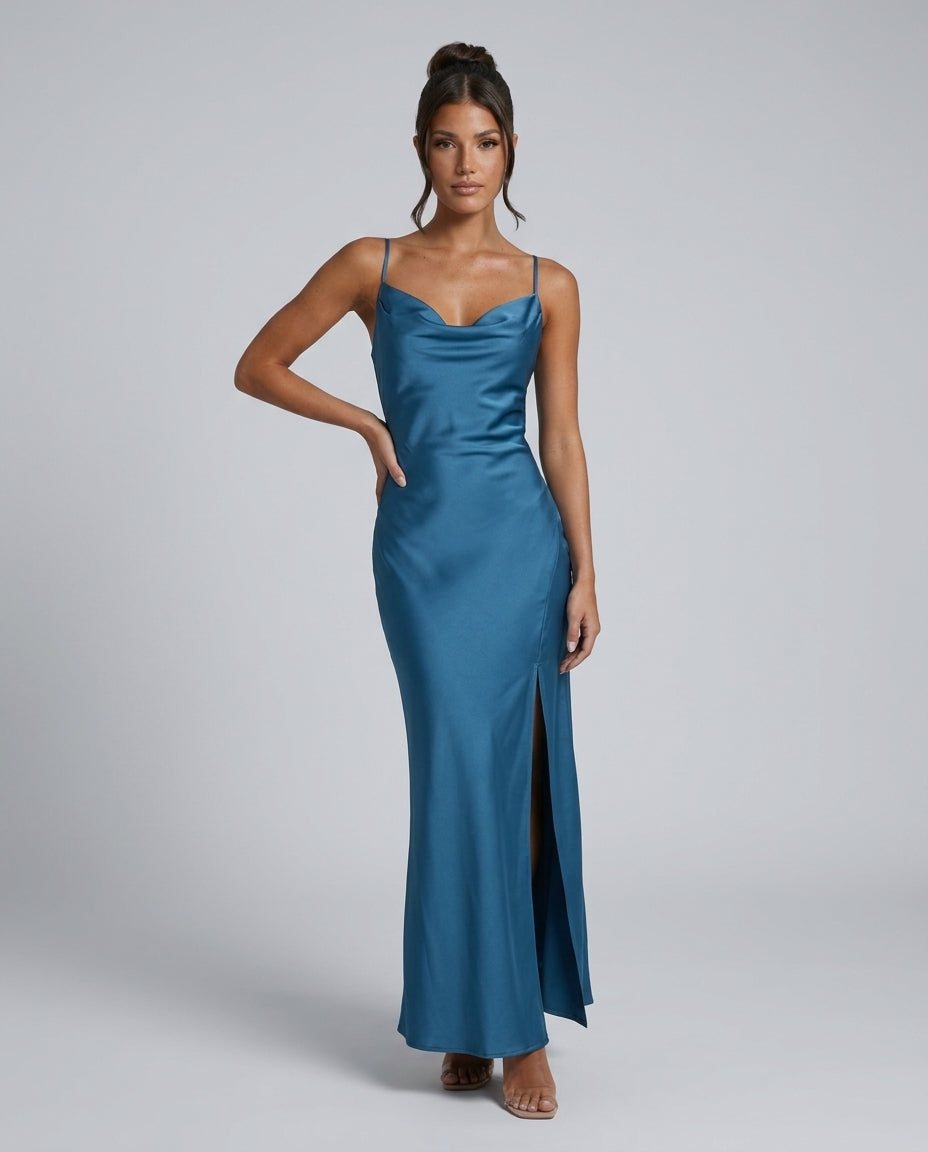 Ines | Waterfall Neckline Satin-Look Maxi Dress