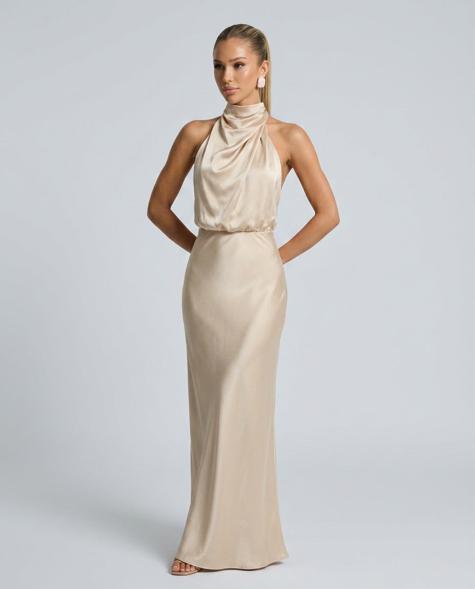 Imara | Halter Neck Open Back Satin-Look Maxi Dress
