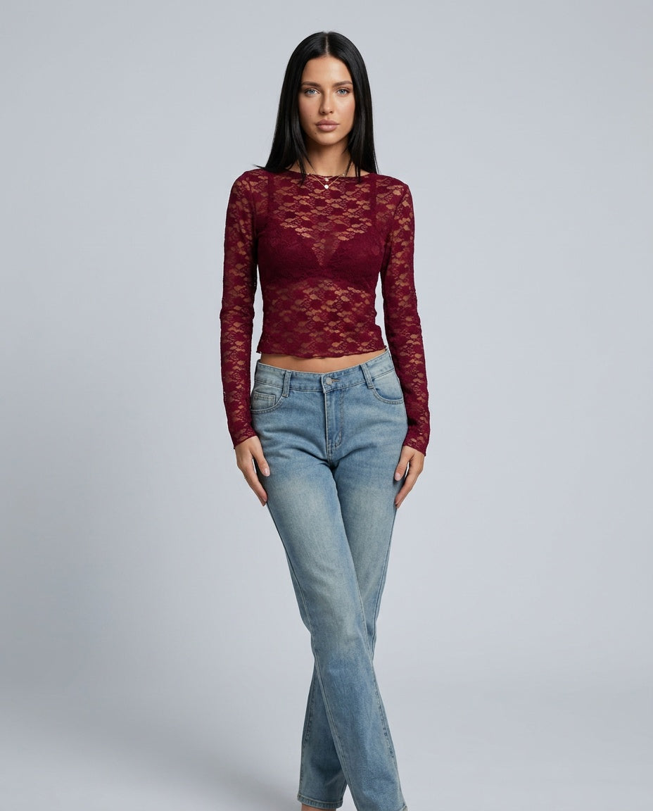 Anais | Sheer Lace Long Sleeve Cropped Top
