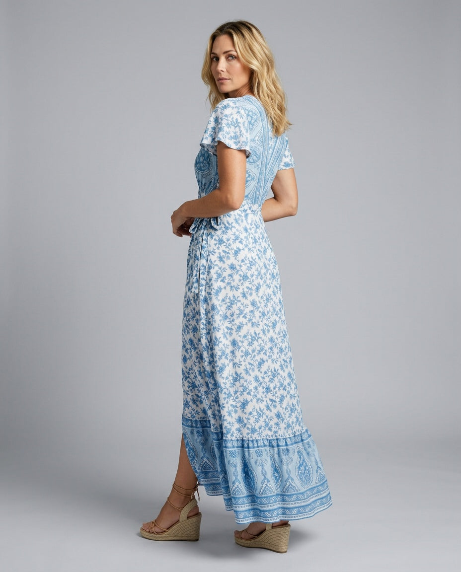 Daniela | Flutter Sleeve Tiered Wrap Maxi Dress