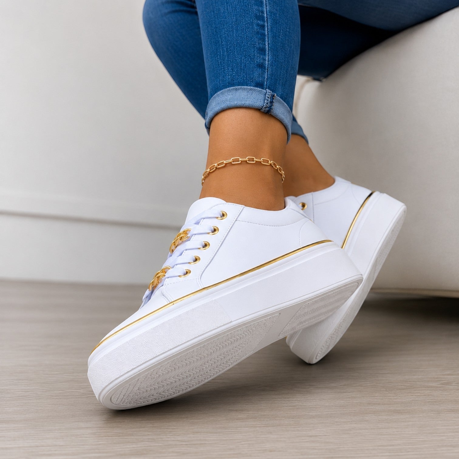 Zadie | Flatform Trainers with Metallic Trim & Chain Lace Detail