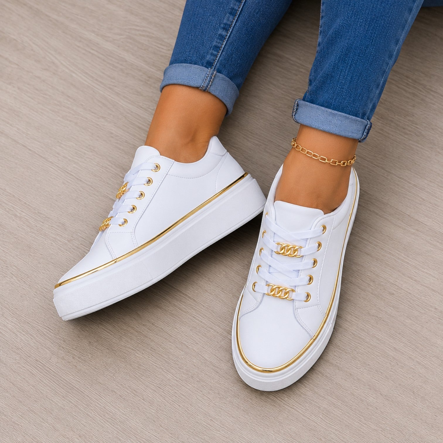 Zadie | Flatform Trainers with Metallic Trim & Chain Lace Detail