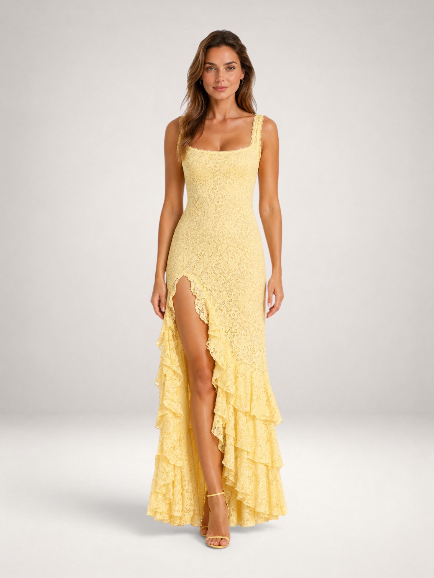 Aubrey | Lace Ruffle Hem High Split Maxi Dress
