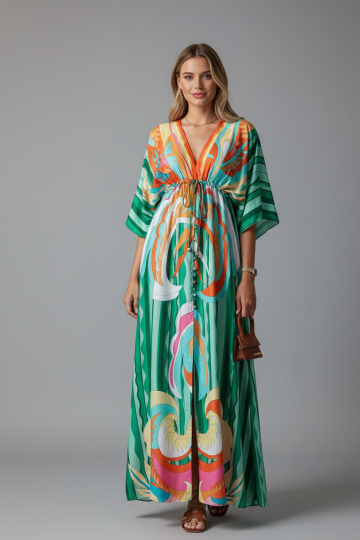 Marlowe | Drawstring Waist Boho Printed Maxi Dress