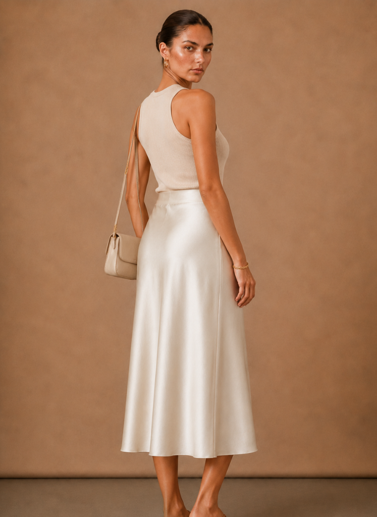 Beatrix | High Waist A-Line Satin-Look Midi Skirt