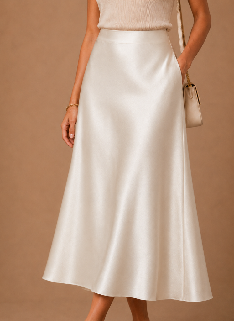 Beatrix | High Waist A-Line Satin-Look Midi Skirt