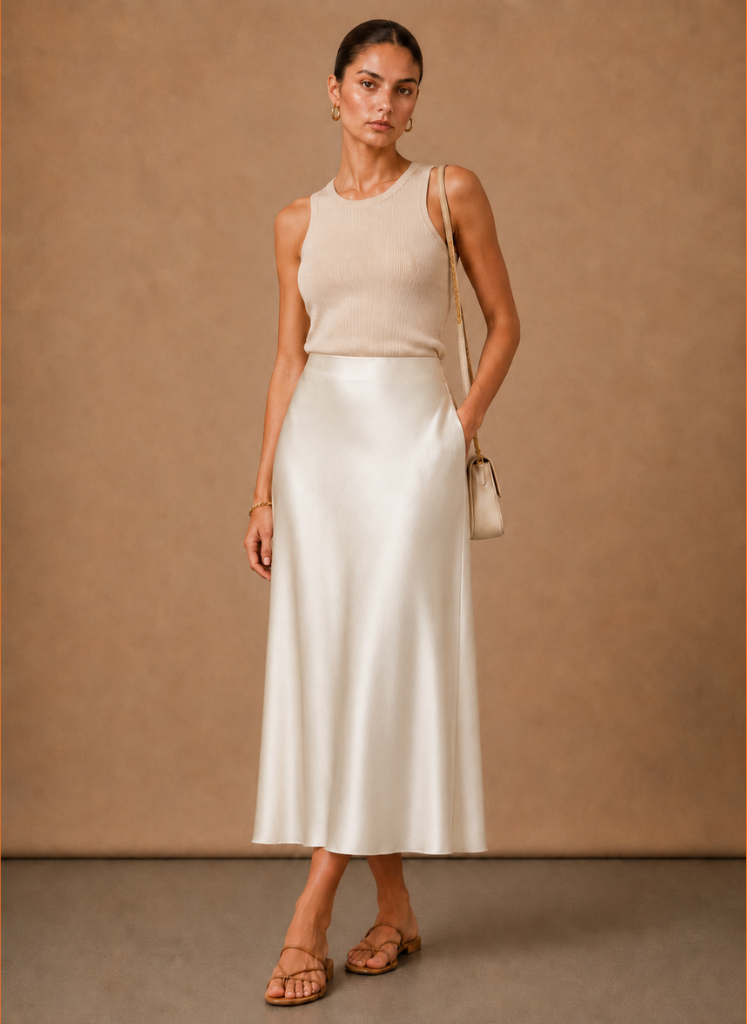 Beatrix | High Waist A-Line Satin-Look Midi Skirt