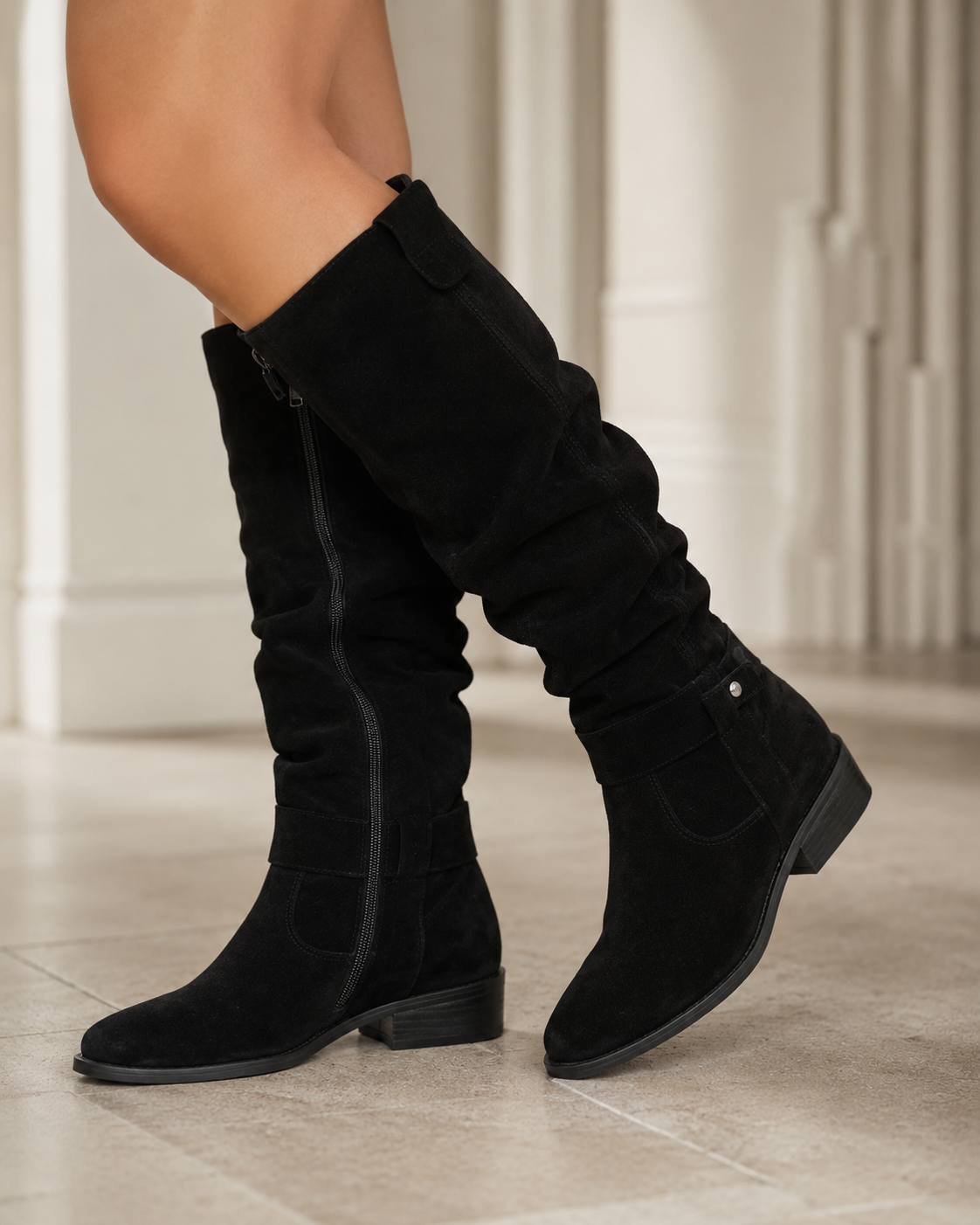 Kova | Suede Knee-High Low Heel Boots