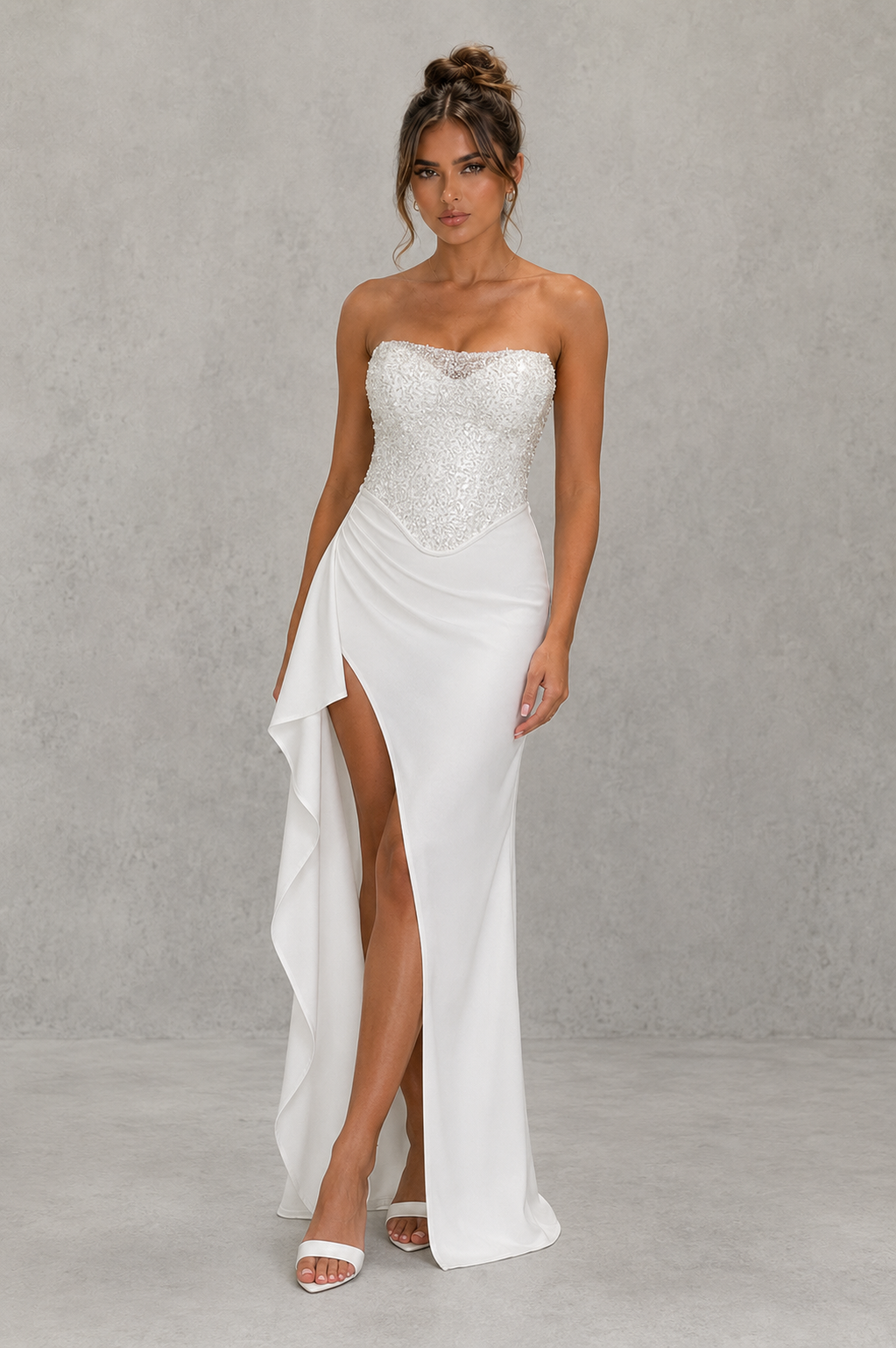 Chloe | Strapless Beaded Corset Satin Maxi Dress