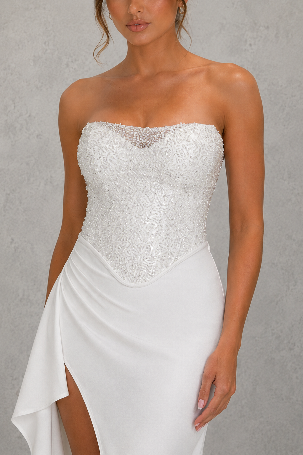 Chloe | Strapless Beaded Corset Satin Maxi Dress