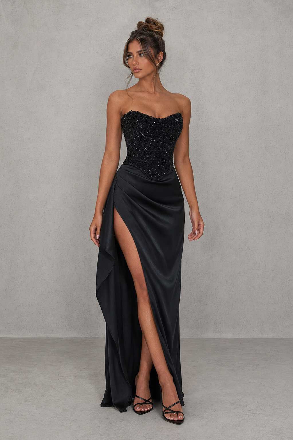 Chloe | Strapless Beaded Corset Satin Maxi Dress