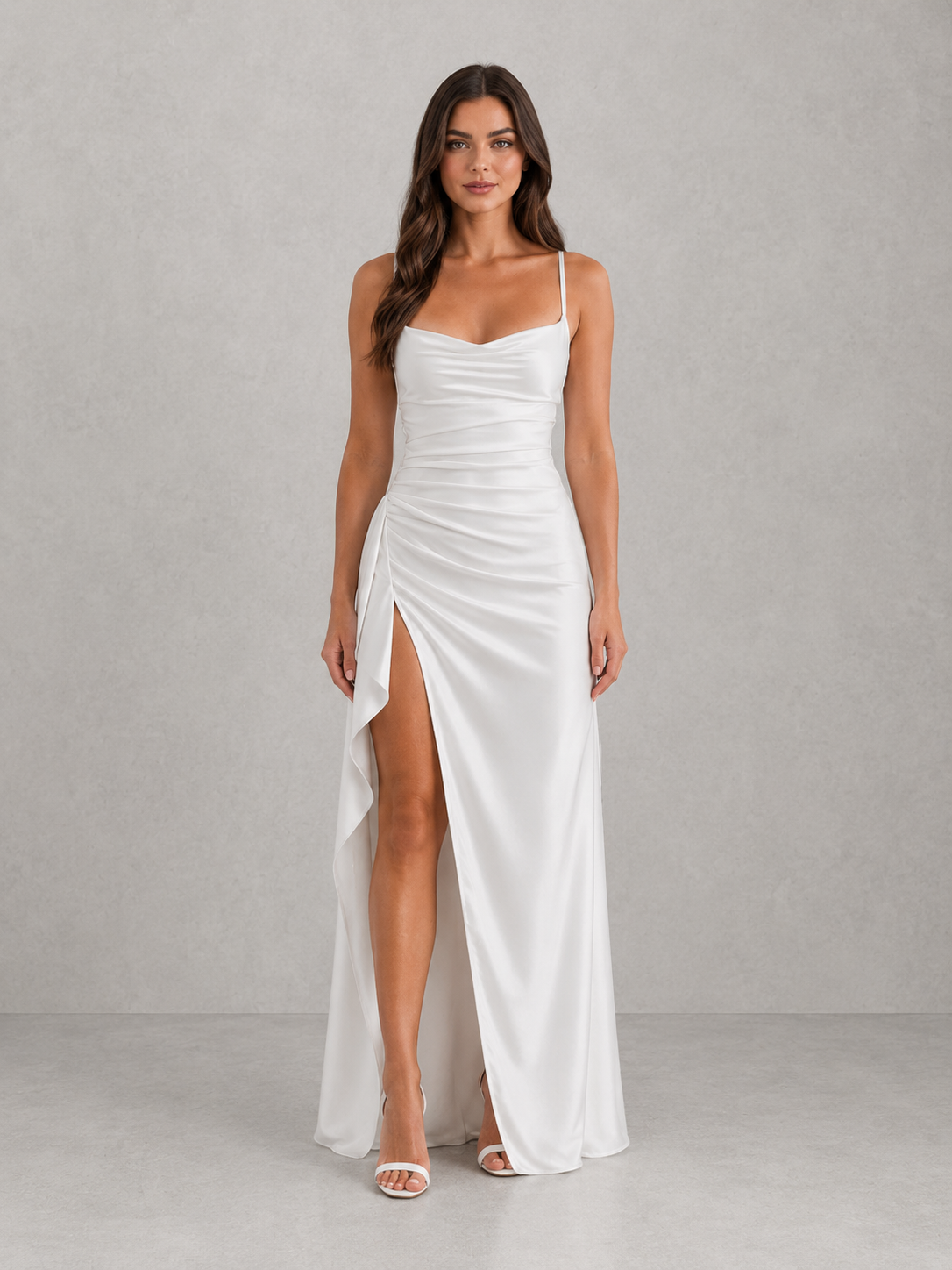 Sabine | Draped Ruched Waist Satin Maxi Dress