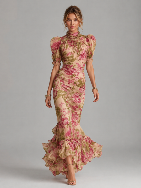 Women's Floral Puff Sleeve Fishtail Maxi Dress